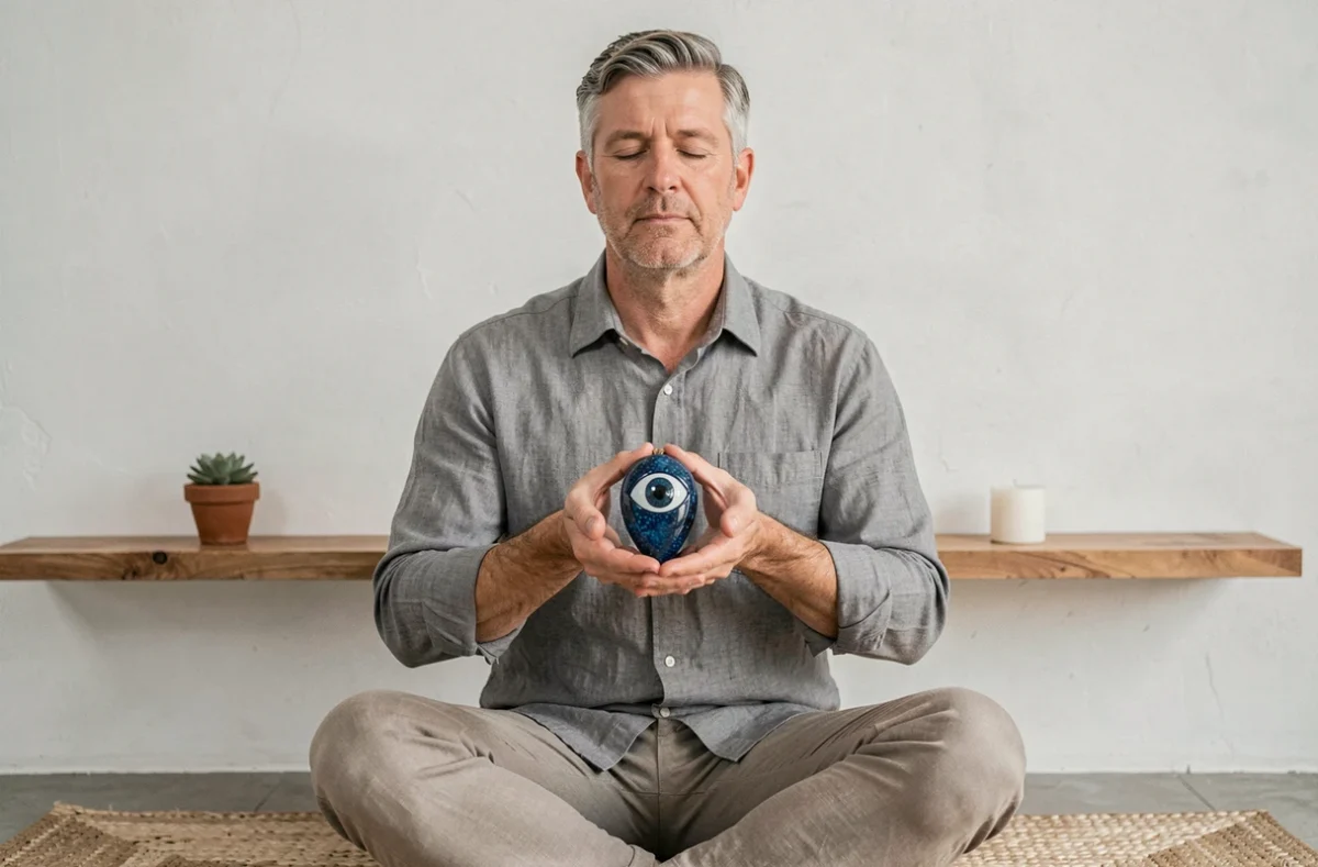 Homme en méditation tenant une amulette nazar bleue dans ses mains, assis sur un tapis tressé dans un intérieur minimaliste