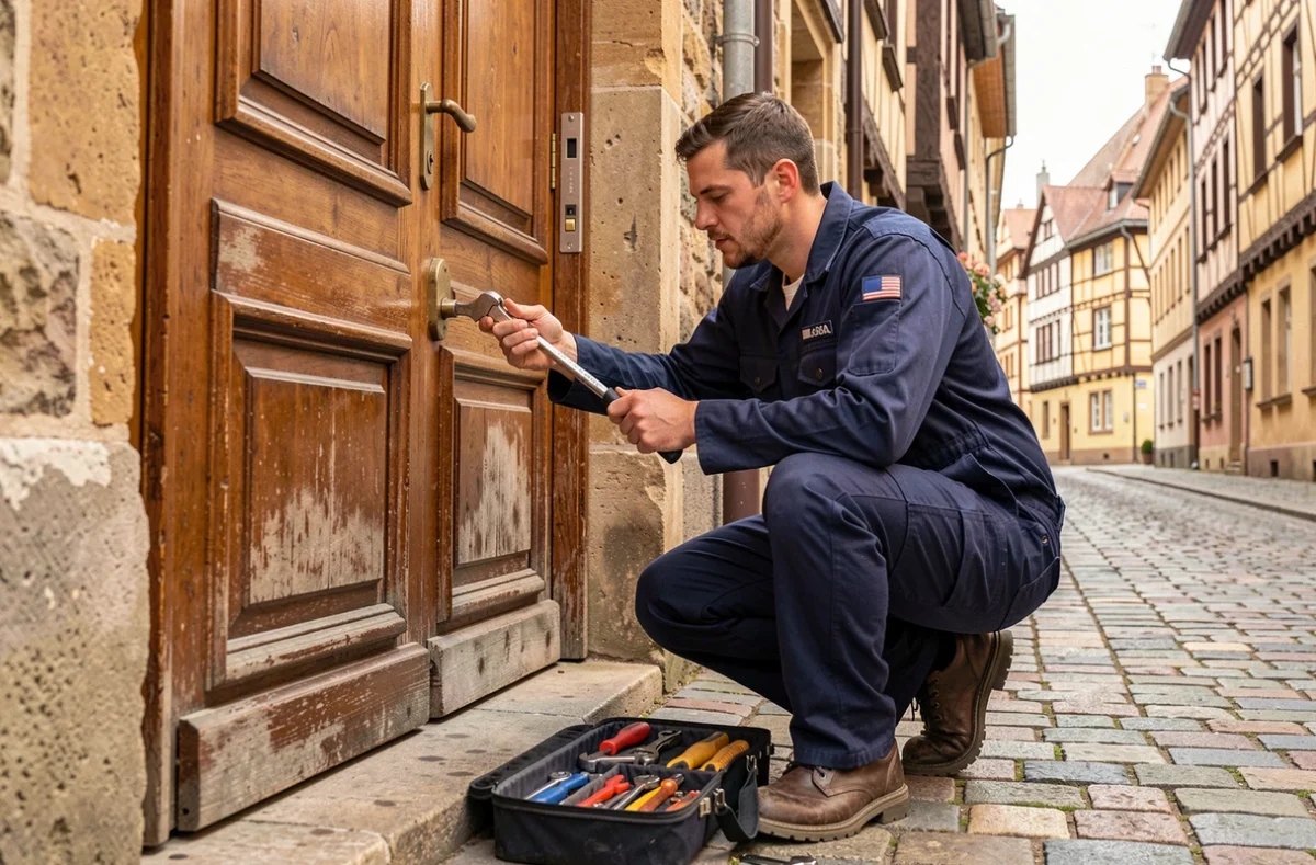 Serrurier professionnel travaillant sur une porte en bois dans une rue typique de Strasbourg avec architecture alsacienne en arrière-plan