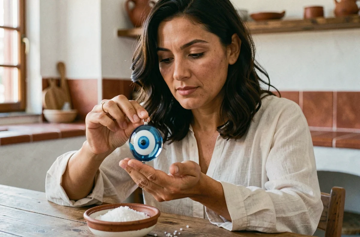 Femme tenant un œil protecteur grec en verre bleu au-dessus d'une table en bois avec du sel marin, dans une cuisine méditerranéenne
