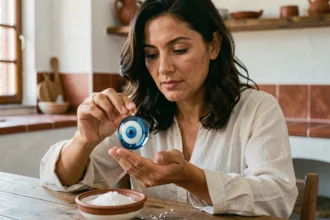Femme tenant un œil protecteur grec en verre bleu au-dessus d'une table en bois avec du sel marin, dans une cuisine méditerranéenne