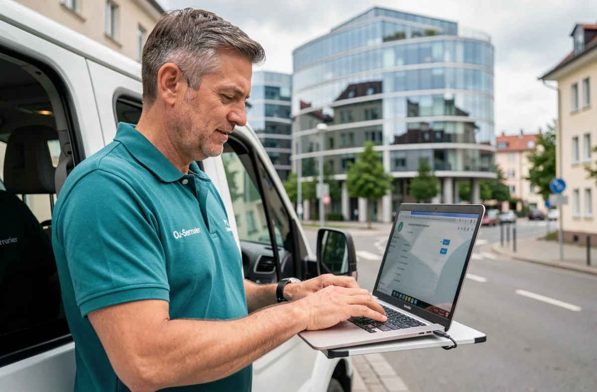 Serrurier Ou-Serrurier Strasbourg confirmant une réservation sur ordinateur depuis son véhicule garé dans le quartier européen de Strasbourg