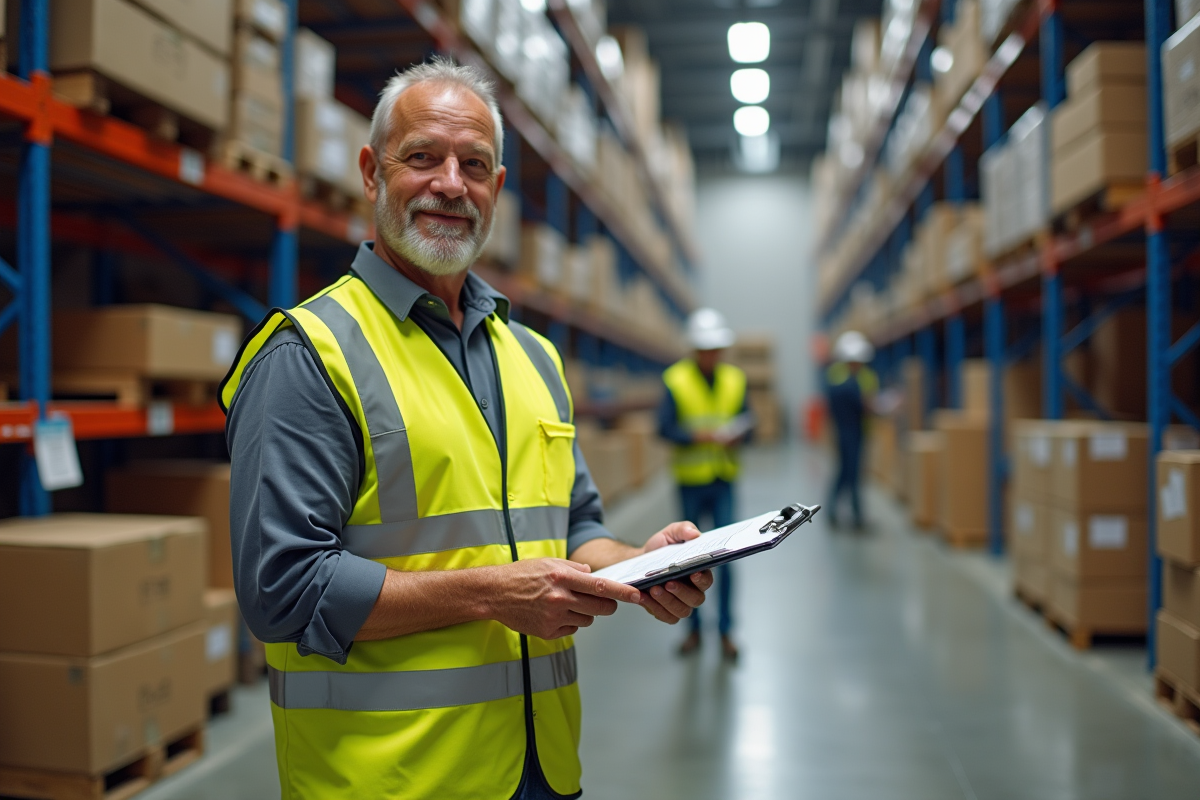 Ouvrier souriant dans un entrepôt propre et organisé