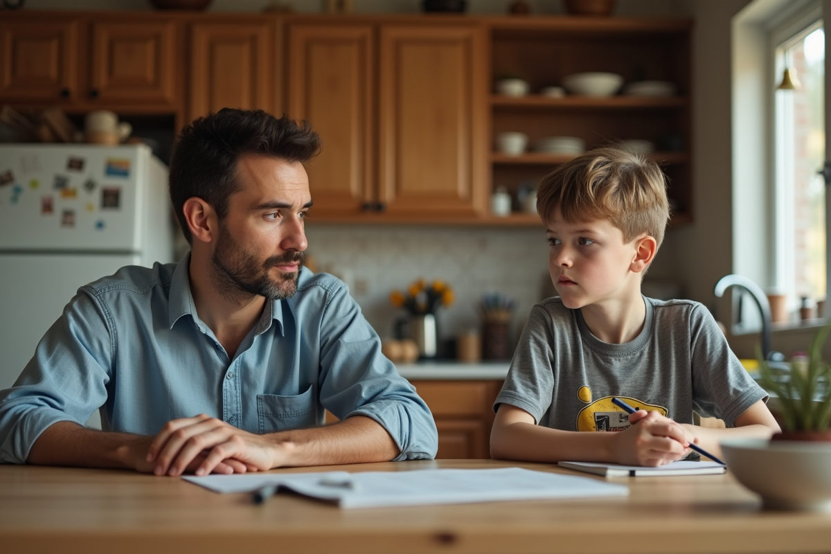 Père et fils assis à la table de cuisine en pleine réflexion