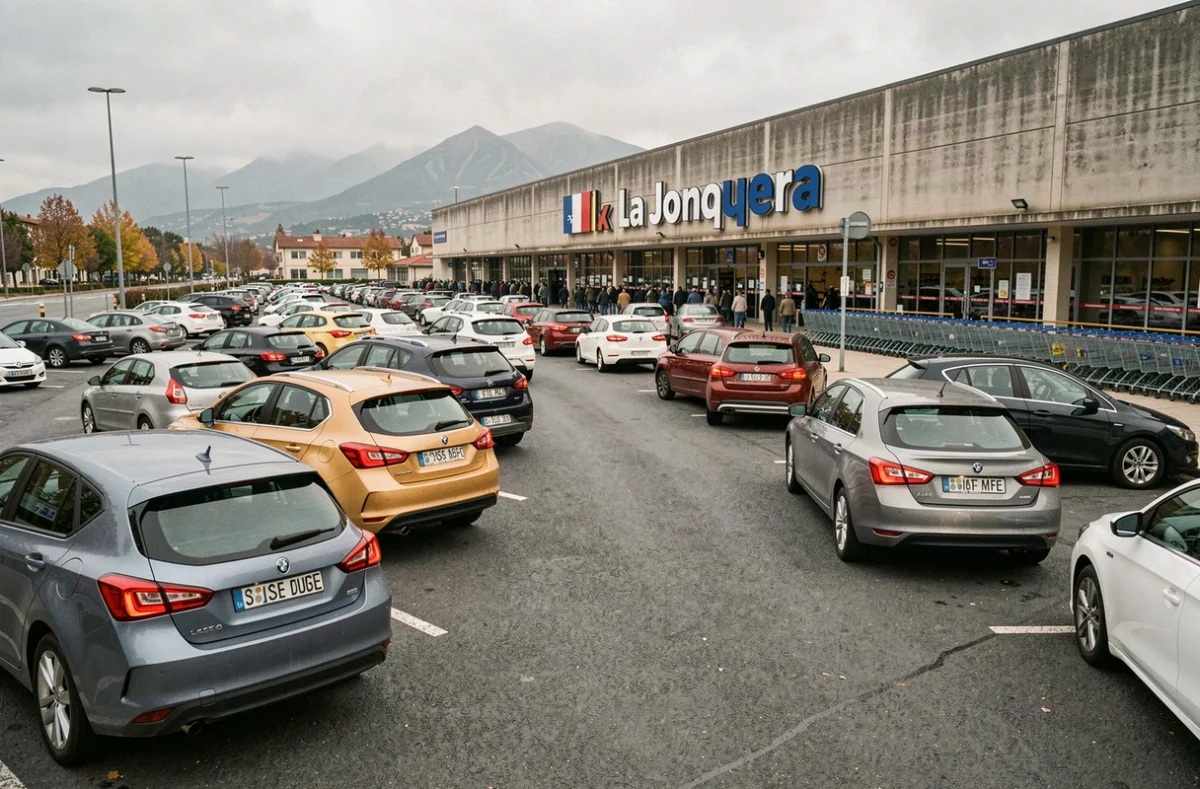 Parking d'un supermarché espagnol à La Jonquera avec des voitures immatriculées en France venues faire leurs courses transfrontalières