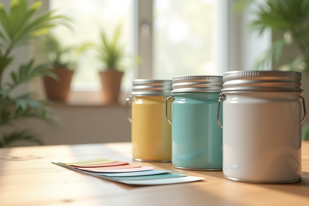Pots de peinture écologique et nuanciers sur une table en bois