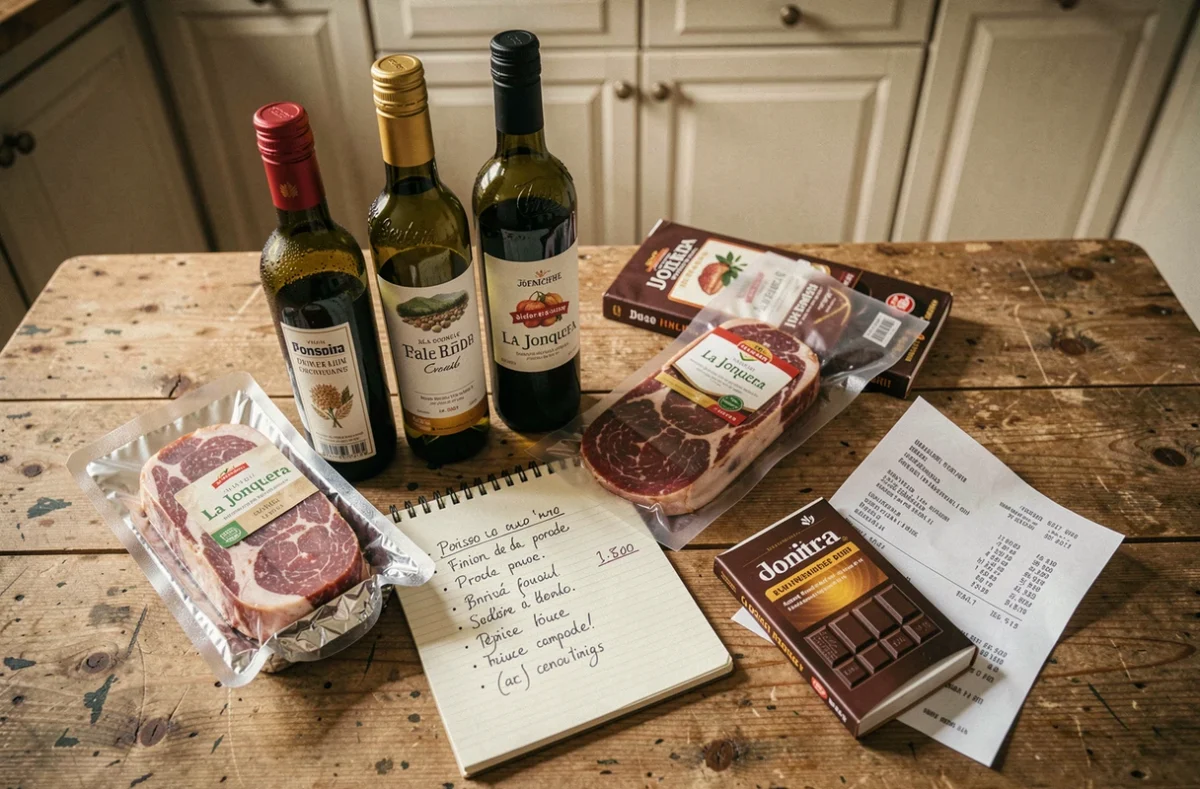 Produits alimentaires espagnols achetés à Escudero Jonquera disposés sur une table avec une comparaison de prix manuscrite entre l'Espagne et les supermarchés français