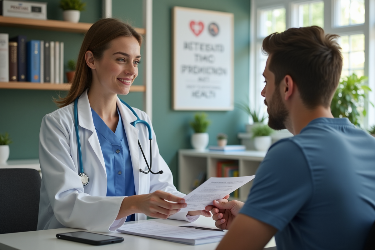 Professionnelle de santé donnant un pamphlet à un jeune homme