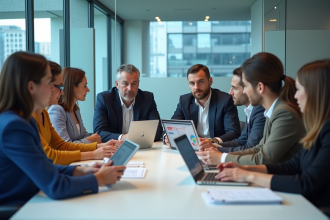 Groupe de professionnels en réunion autour d'une table moderne