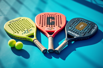 Raquettes de padel colorées sur court bleu ensoleillé