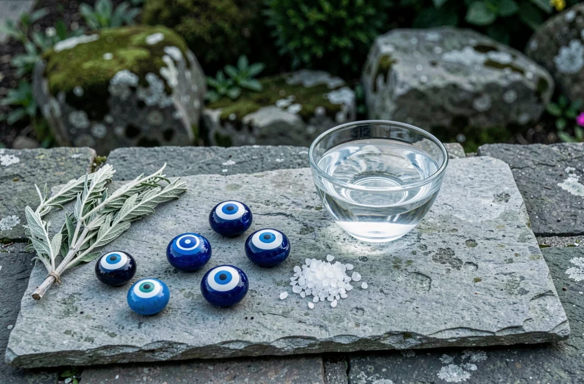 Collection d'amulettes œil protecteur grec disposées sur une pierre avec de l'eau, du sel et de la sauge séchée pour un rituel de nettoyage
