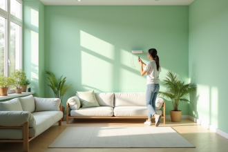 Salon moderne avec mur peint en vert pastel par une personne