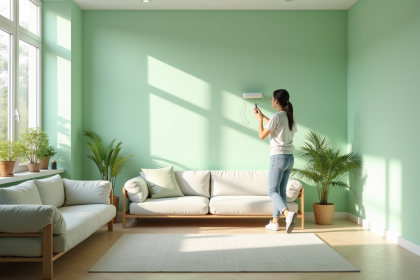 Salon moderne avec mur peint en vert pastel par une personne