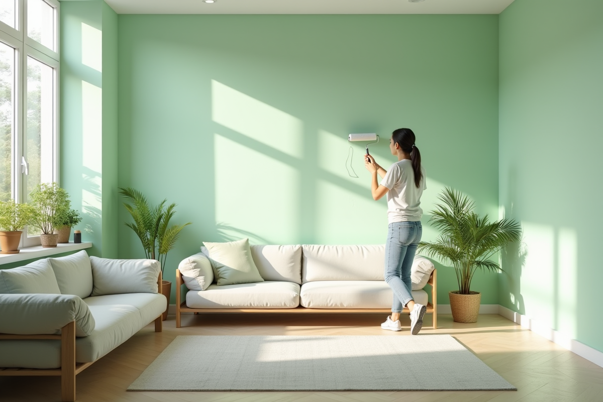 Salon moderne avec mur peint en vert pastel par une personne