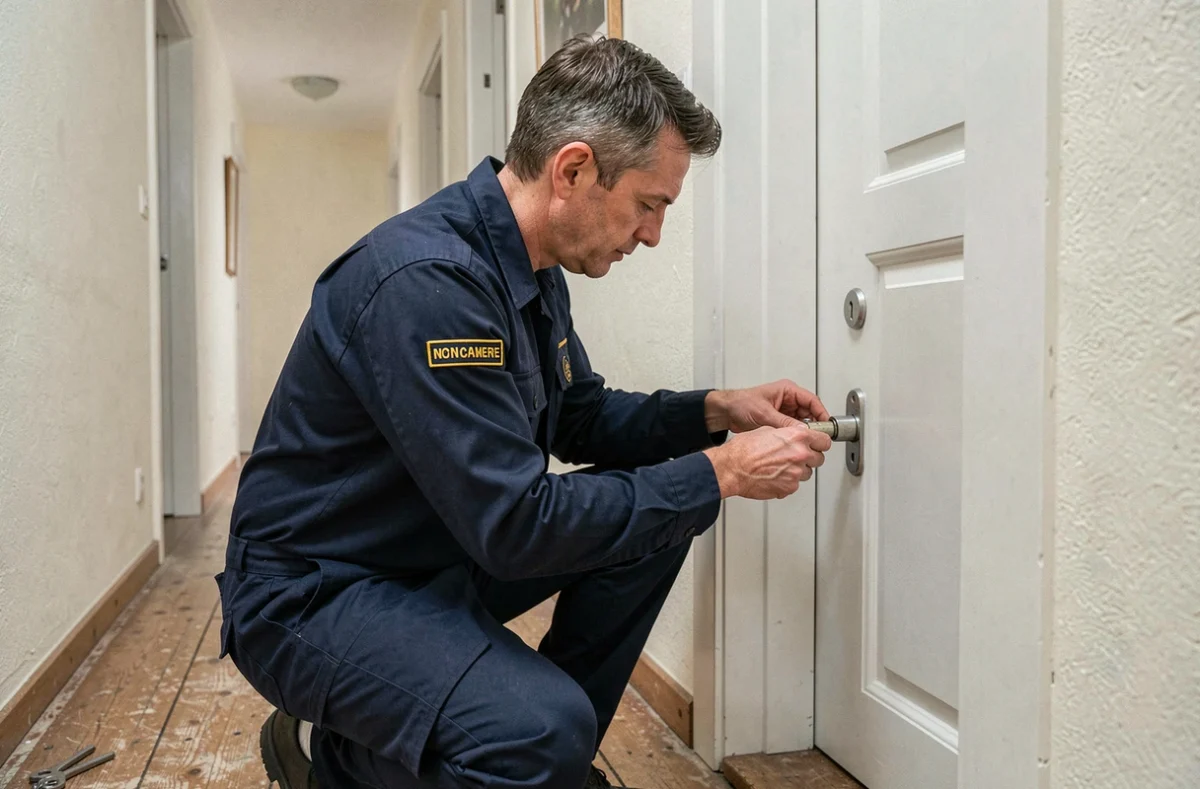 Serrurier Arthur installant un cylindre de serrure sécurisé dans un couloir d'immeuble alsacien