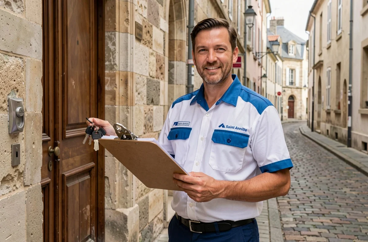 Serrurier Saint Antoine debout devant une façade historique avec ses clés après une intervention réussie