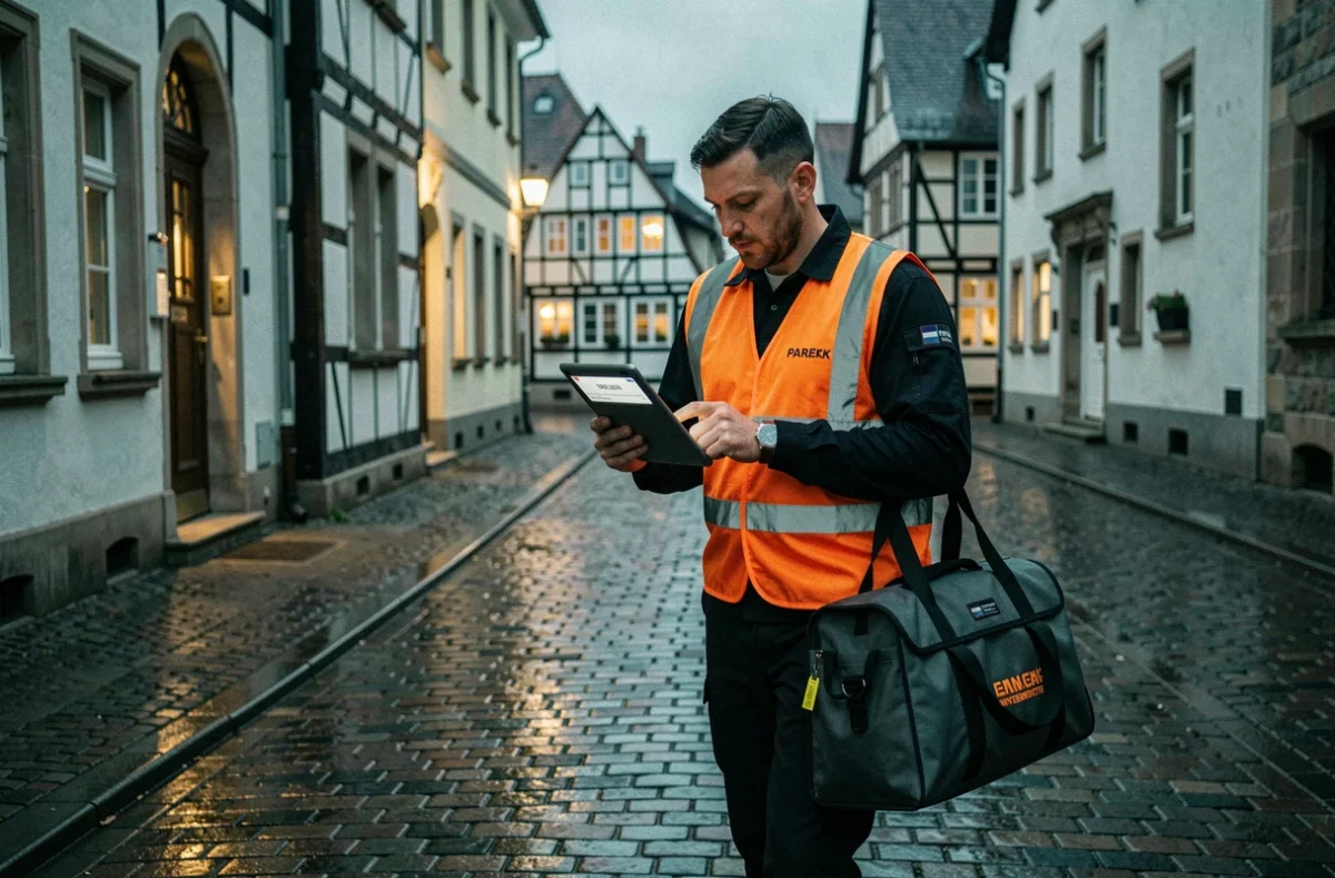 Serrurier d'urgence rapide de Strasbourg arrivant en intervention nocturne avec sa sacoche professionnelle dans une ruelle alsacienne