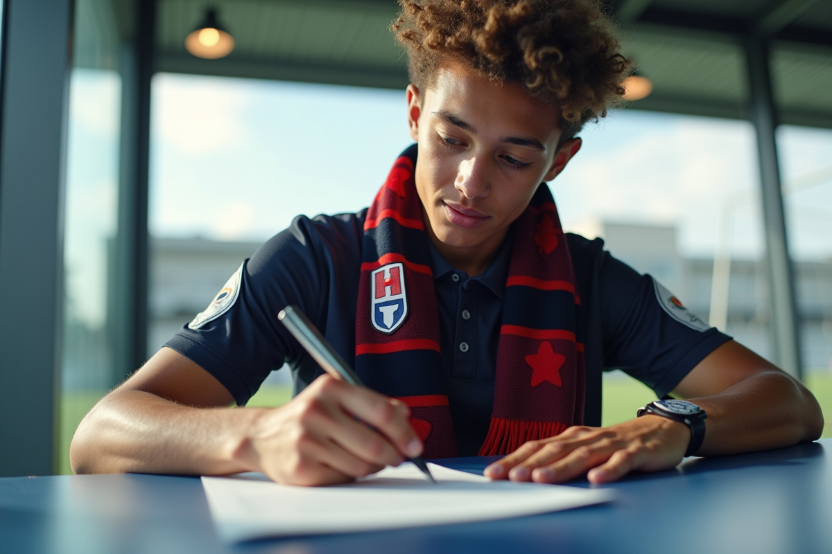 Jeune joueur signant un contrat dans les locaux du Stade de Reims