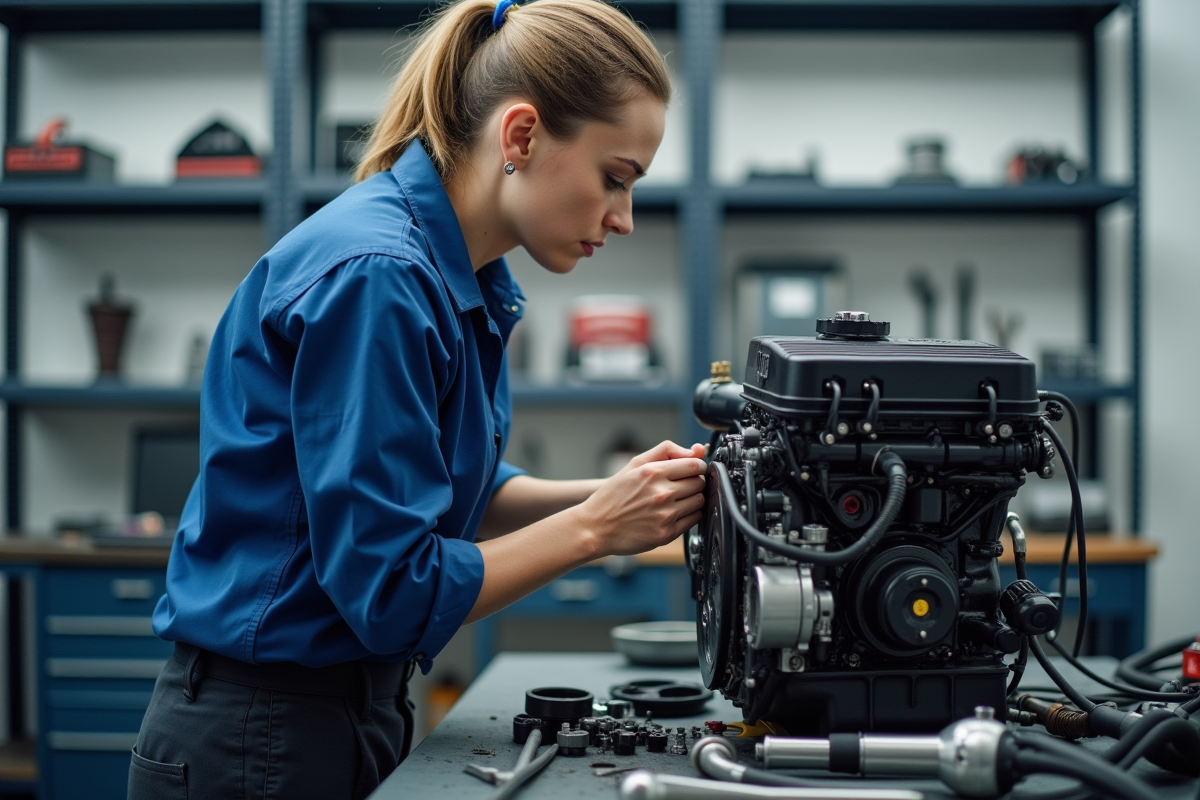 Technicienne automobile travaillant sur un moteur en atelier