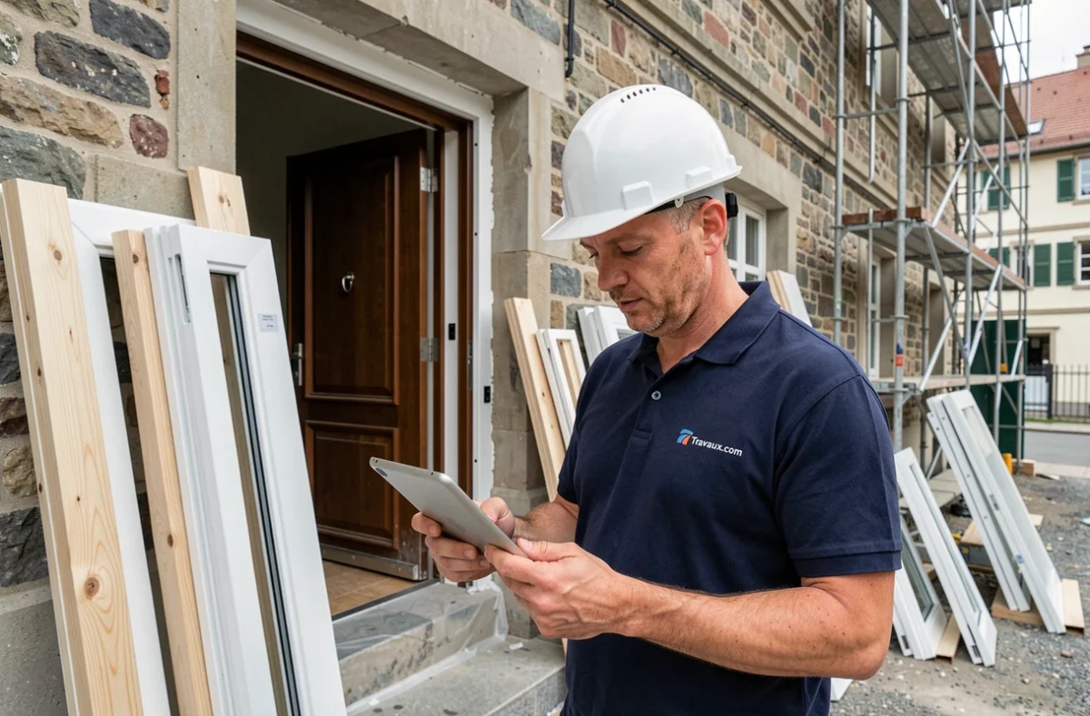 Prestataire Travaux.com vérifiant un devis de serrurerie sur tablette devant un chantier de rénovation de portes à Strasbourg