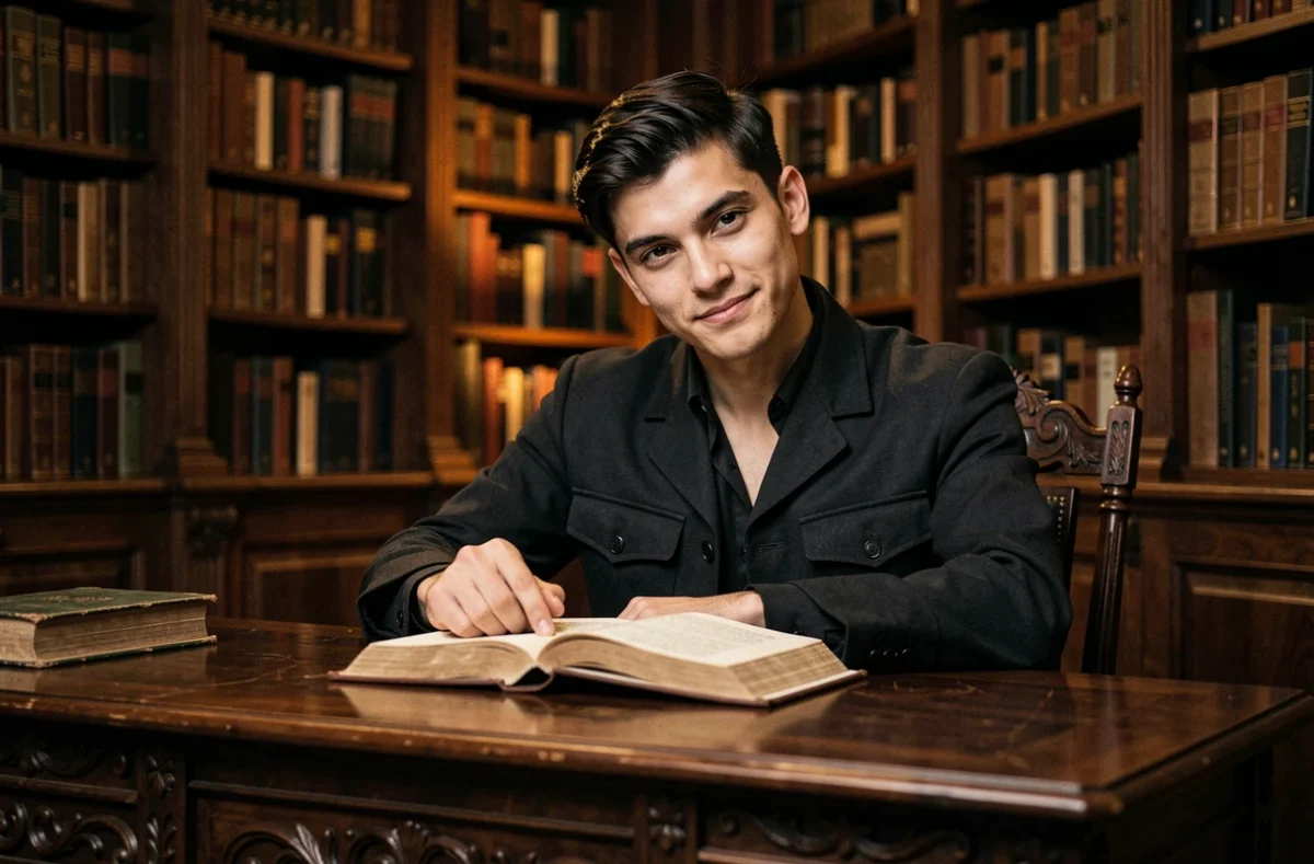 Personnage de type villain charismatique assis dans une bibliothèque d'académie fantastique, feuilletant un grimoire avec un sourire mystérieux et un regard calculateur aux yeux en amande